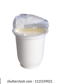 Fresh Sour Cream In A Plastic Container With An Open Cover, Isolated On White