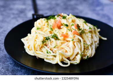 Fresh Spaghetti Alla Chitarra Pasta With Smoked Salmon And Creamy Sauce