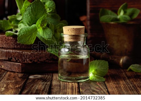 Fresh spearmint leaves and a small bottle with essential mint oil. Herbal medicine ingredients on an old wooden background.