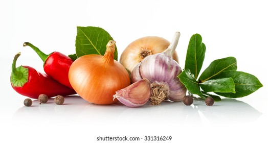 Fresh spice with garlic bay leaf. Isolated on white background. Illustration - Powered by Shutterstock