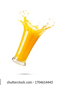 Fresh Splash Of Squeezed Orange Juice With Small Pieces Of Oranges In Glass. Fresh Orange Juice Isolated On White Background With Clipping Path. Studio Shot.

