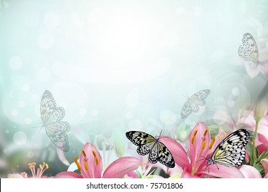 Fresh spring background with flowers and butterflies