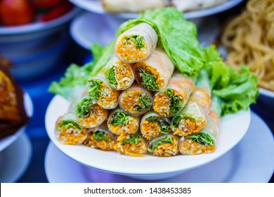 Fresh Spring Roll And Vietnamese Food In A Street Food Restaurant In Hoi An Market, Vietnam.