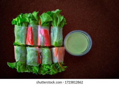 Fresh spring rolls with fresh vegetable and crab stick served with wasabi mixed salad cream dipping sauce