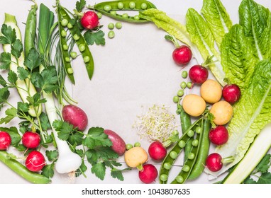 Fresh spring vegetables background copy space.Healthy clean eating, dieting, organic vegetables concept.