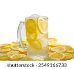 Fresh Squeezed Lemonade with Lemon Slices on a High Key white background with copy space.