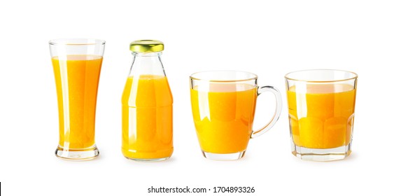 Fresh Squeezed Orange Juice With Small Pieces Of Oranges In Glass And Cup,bottle.  Collection Fresh Orange Juice Isolated On White Background With Clipping Path. Studio Shot.

