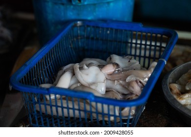 Fresh Squid With Ice For Sell In The Wet Market In Indonesia.