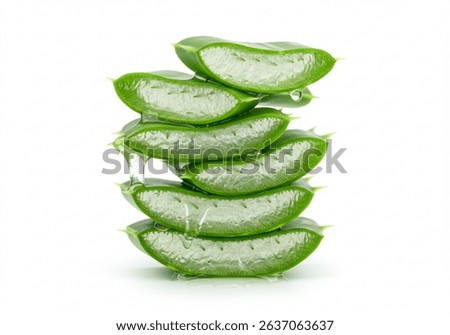 A fresh stack of sliced Aloe vera with viscous gel dripping, cleanly isolated on a white background, highlighting its natural and soothing properties.