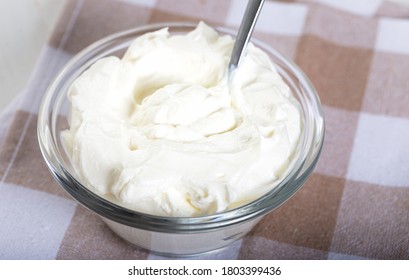 Fresh Strained Yogurt In Bowl. Close Up. 