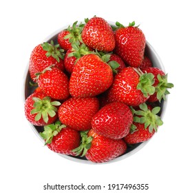 Fresh Strawberries In Bowl Isolated On White, Top View