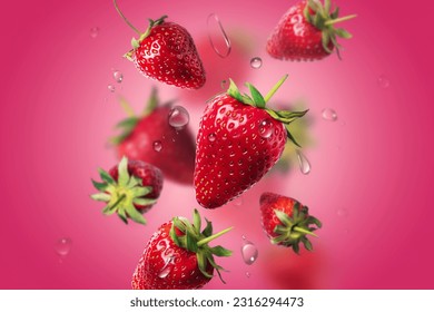 fresh strawberries in bulk with water drops in the air. food levitation.
