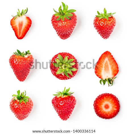 Fresh strawberries collection isolated on white background. Healthy eating and dieting concept. Spring fruits arrangement. Object group, top view, flat lay, design element