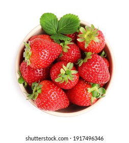 Fresh Strawberries And Green Leaf In Bowl Isolated On White, Top View