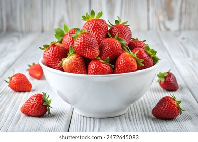 Fresh strawberries in a white ceramic bowl against a white wooden background - Powered by Shutterstock