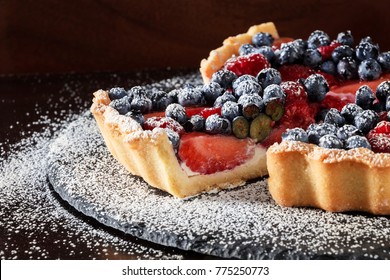 Fresh Strawberry, Blueberry And Raspberry With Ricotta Cheese Tart Cake. Selective Focus