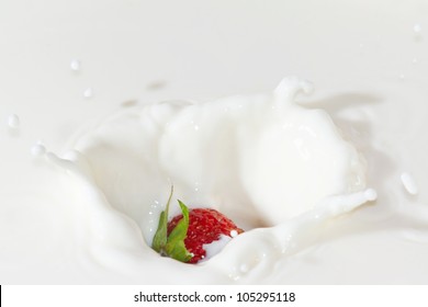 Fresh strawberry falling into the milk with a splash closeup