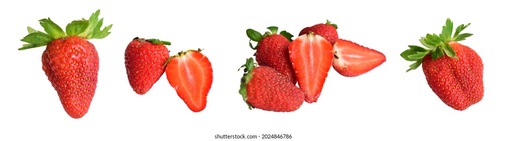 Fresh strawberry isolated with clipping path in white background, no shadow, strawberries slices, pieces, half