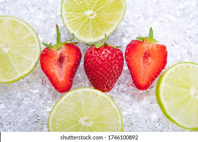 Fresh Strawberry With Lemon Slices On Ice Cubes