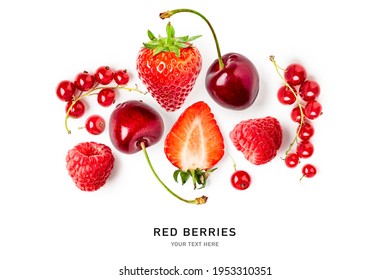 Fresh strawberry, raspberry, cherry, currant berry composition and creative layout on white background. Healthy eating and food concept. Red berries arrangement. Top view, flat lay, design element
 - Powered by Shutterstock