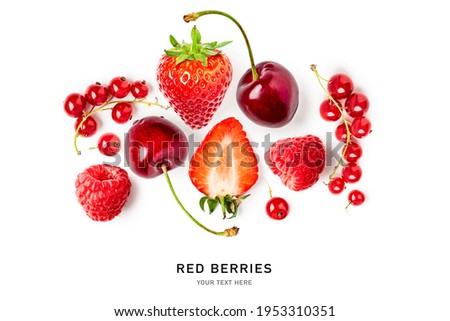 Fresh strawberry, raspberry, cherry, currant berry composition and creative layout on white background. Healthy eating and food concept. Red berries arrangement. Top view, flat lay, design element
