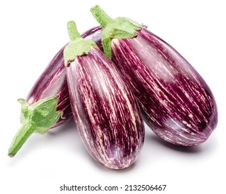 Fresh striped aubergines or eggplants with leaf and slices isolated on white background.