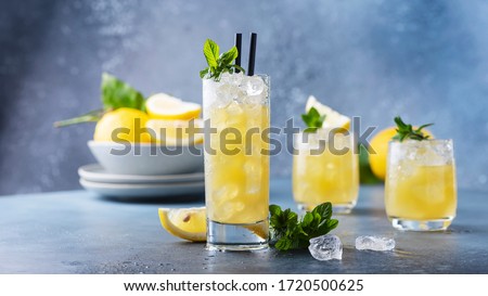 Fresh summer cocktail with lemons, mint and ice, selective focus image and slider format