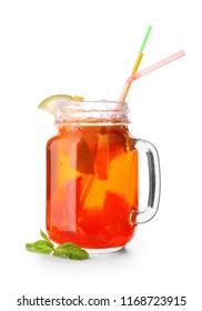 Fresh Summer Cocktail In Mason Jar On White Background