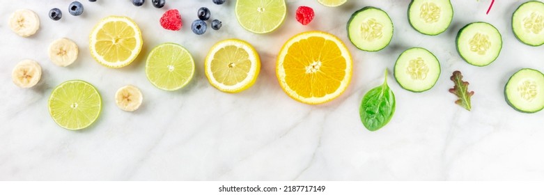 Fresh Summer Food Panorama, Fruit And Vegetable Salad Ingredients, Overhead Flat Lay Shot On A White Marble Kitchen Table, Healthy Vegan Meal