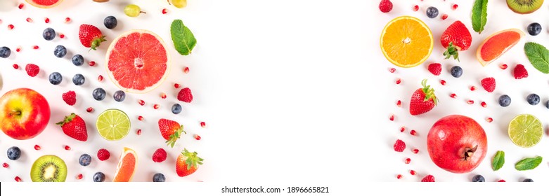 Fresh Summer Fruit Panorama, A Flat Lay On A White Background With A Place For Text, Vibrant Food Pattern, Top Shot