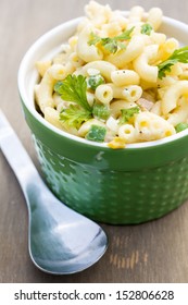 A Fresh Summer Pasta Salad With Elbow Macaroni, Fresh Garden Peas, Smoky Ham And Mayo.