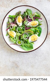 Fresh Summer Salad Egg Vegetables Green Leaves Mix Spinach, Arugula, Lettuce Wholesome Food Healthy Meal Snack Copy Space Food Background Top View Veggie Vegetarian