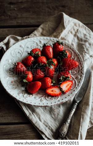 Similar – Foto Bild Frische Erdbeeren im Sieb und Marmelade im Glas