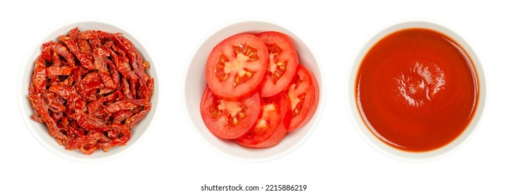 Fresh and sun-dried tomato slices, and tomato puree, in white bowls, isolated, from above.Pile of sliced, red and ripe plum tomatoes, Julienne strips of sun-dried tomatoes, and canned passed tomatoes. - Powered by Shutterstock