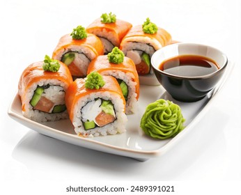 Fresh sushi rolls with soy sauce and wasabi, isolated on white background - Powered by Shutterstock