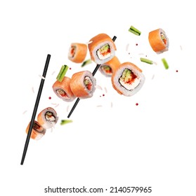 Fresh sushi with salmon and ingredients in the air isolated on a white background - Powered by Shutterstock