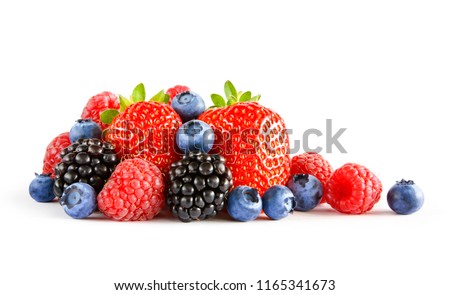 Fresh Sweet Berries Isolated on the White Background. Ripe Juicy Strawberry, Raspberry, Blueberry, Blackberry