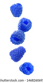 Fresh Sweet Blue Raspberries Falling On White Background