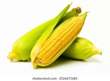 A fresh sweet corn isolated on white background. A close-up view of the corn's texture, showcasing the vibrant yellow and green. Ripe and ready to be enjoyed.  A perfect display of fresh corn.