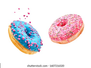 Fresh sweet donuts in motion with multicolored fruit glaze and sprinkles decorated. Fast sweet food concept, bakery ad design elements with glazed frosted falling doughnuts isolated, white background