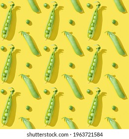 Fresh Sweet Green Peas And Opened Pod Pea, Healthy Vegetable Food On Bright Yellow Background.Creative Pattern With Sunlight. 