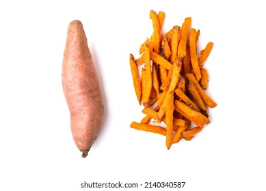 Fresh Sweet Potato And Sweet Potato Fries Isolated Over White, Top View