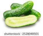 Fresh sweet small cucumbers and cucumber longitudinal section isolated on white background. Cucumbers that are used to pickling or slicing.