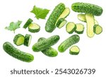 Fresh sweet small cucumbers and cucumber slices levitating in air. Cucumbers that are used to pickling or slicing. File contains clipping paths.