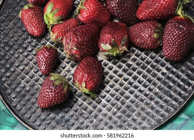 Fresh, sweet, tasty, useful, delicious, juicy strawberries closeup. The view from the top
