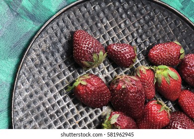 Fresh, sweet, tasty, useful, delicious, juicy strawberries closeup. The view from the top. Proper healthy eating