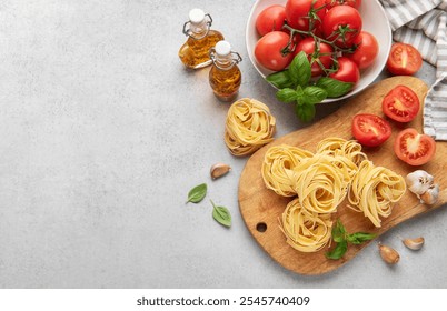 Fresh tagliatelle pasta nests on wooden board surrounded by ripe tomatoes, garlic cloves, and basil leaves, composing an inviting italian culinary scene - Powered by Shutterstock