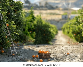 Fresh Tangerine Orange with slices on blurred greenery background, Mandarin Orange fruit in Bamboo basket on wooden table in garden. - Powered by Shutterstock