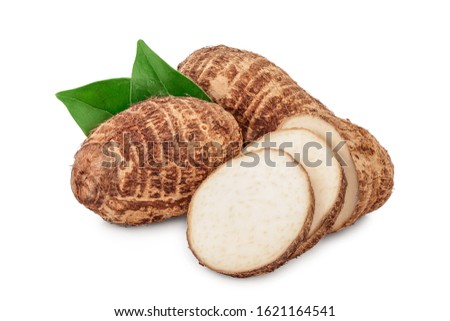 fresh taro root with slices and leaf isolated on white background