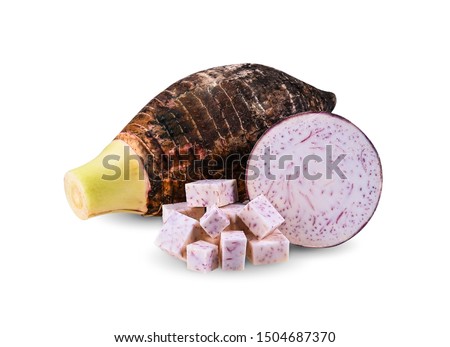 Fresh taro. Taro sliced in half and square cut. Isolated on white background